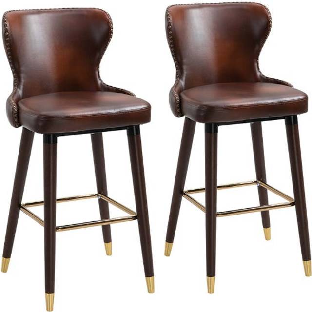 HOMCOM Luxury Bar Stools Set of 2 with Back - PU Leather Upholstery - Brown | TJ Hughes