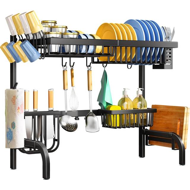 Over The Sink Dish Drying Rack, SAYZH 2 Tier Dish Drying Rack Adjustable (25.5 to 33.5 inch) Dish Drainer Rack with Utensil Sponge Holder Sink Caddy