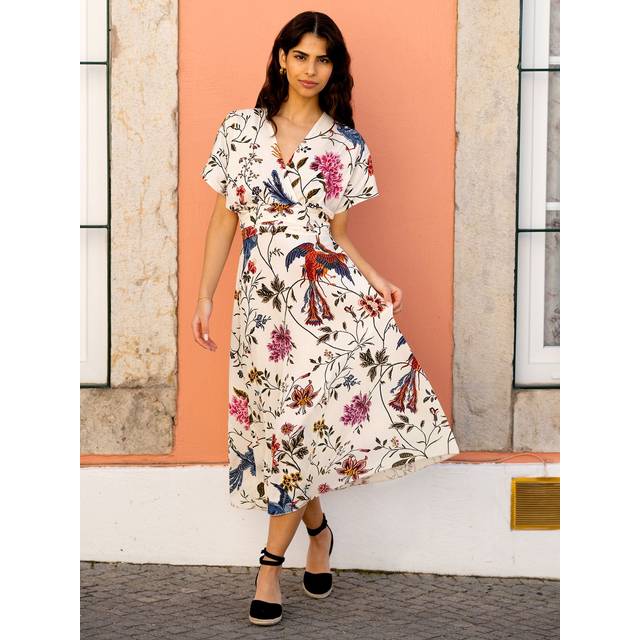 Ivory Bird and Floral Print Ruched Waist Kimono Midi Dress - White - 10