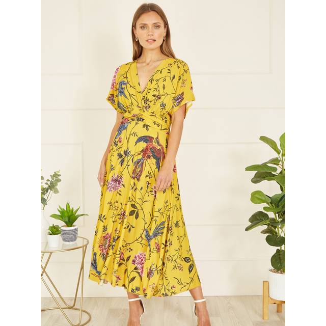 Yumi Womens Yellow Viscose Bird And Floral Print Ruched Waist Midi Dress - Mustard - Size 8 UK