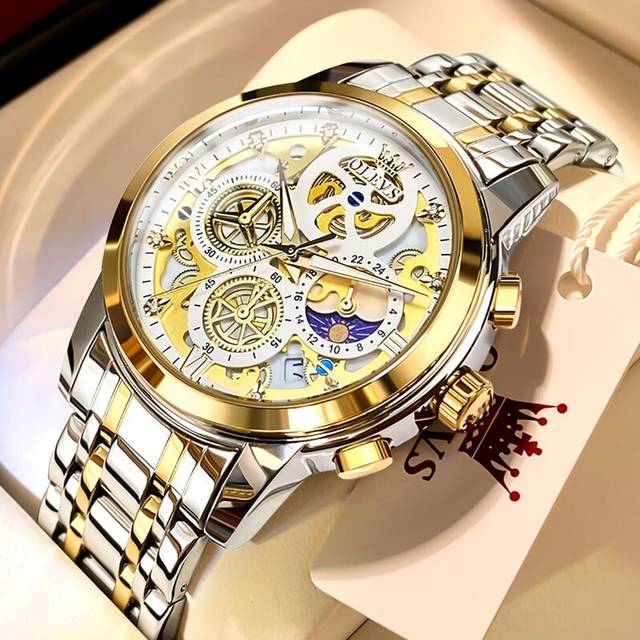 (GDJJ) OLEVS Men&#39;s Watches Top Brand Luxury Original Waterproof Quartz Watch for Man Gold Skeleton Style 24 Hour Day Night New Watches