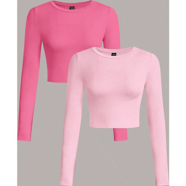 SHEIN 2pcs Casual Simple Round Neck Long Sleeve Cropped Fitted Women T-Shirts, Suitable For Spring And Autumn