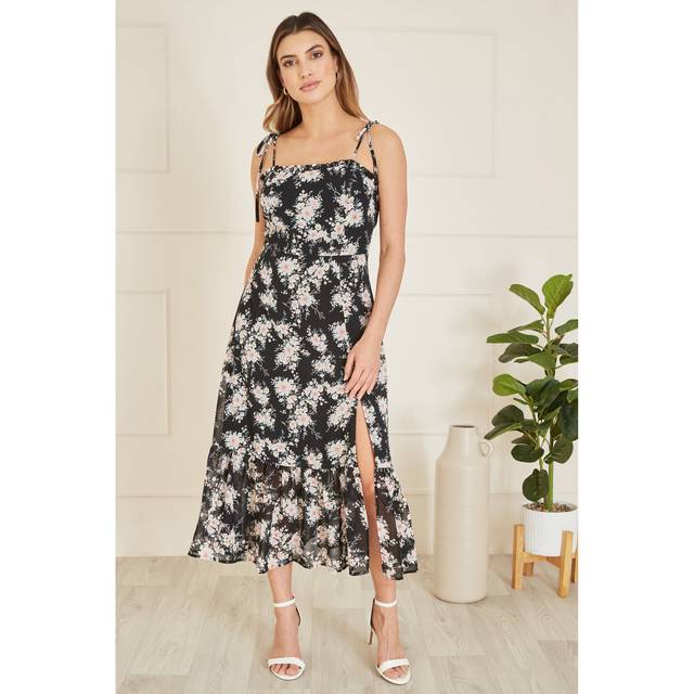 Yumi Womens Black Floral Midi Sundress With Split Hem - Size 14 UK