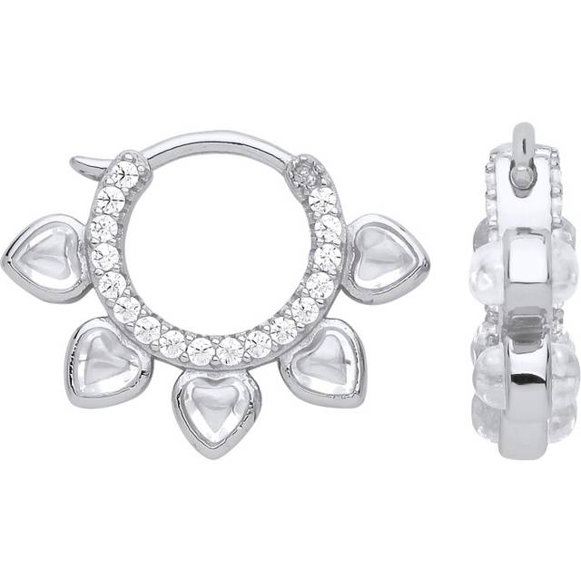 Jewelco London Ladies Sterling Silver Heart Cubic Zirconia Flower Petals Hoop Drop Earrings 13mm - GVE877