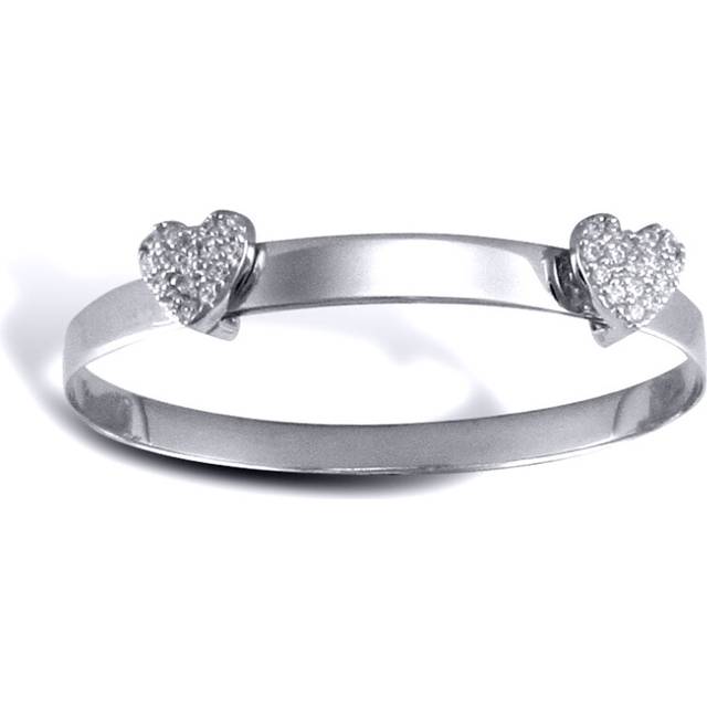 Jewelco London Girls Solid 9ct White Gold White Round Brilliant Cubic Zirconia Love Hearts Expanding Baby Bangle Bracelet - JKB069 - Silver