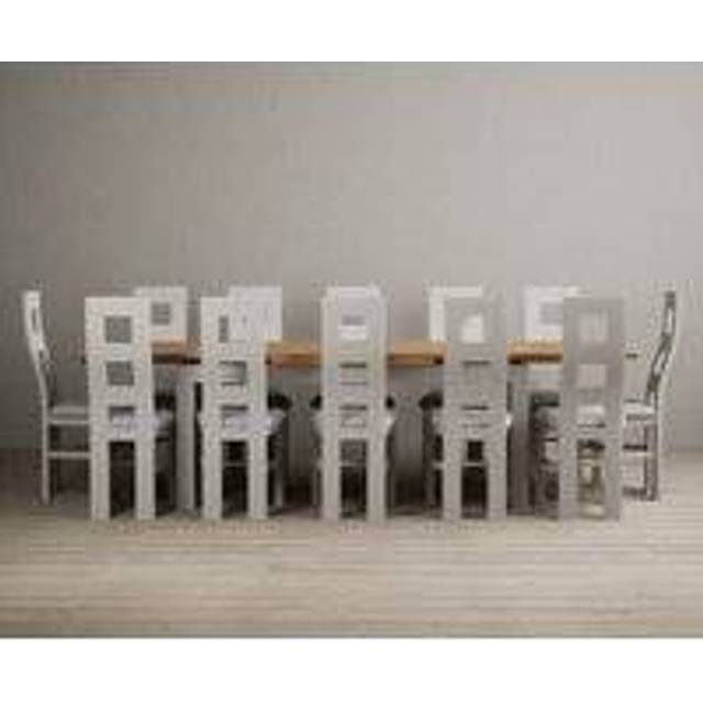 Extending Buxton 180cm Oak and Soft White Painted Dining Table with 12 Brown Painted Chairs - Oak and White
