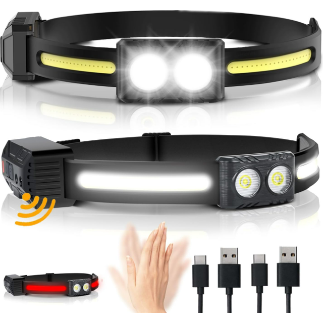 Chronus Rechagreable Headlamp, 2Pack 1200Lumens 2COB Bright Headlamp 260Wide Beam Headlamp 9 Light Modes Motion Sensor Red Headlmp Flashlight(Black)