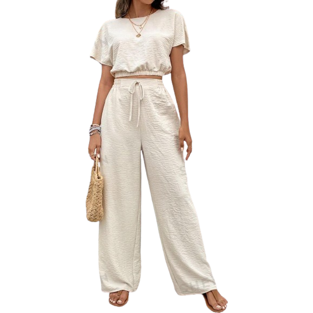 SHEIN Batwing Sleeve Crop Top & Drawstring Waist Pants Textured Fabric Two Pieces