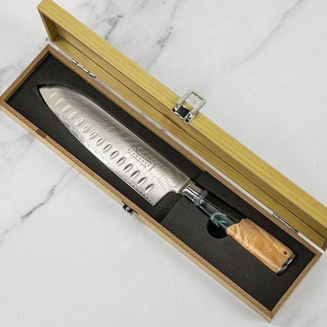 Katana Saya Ocean 18cm Damascus Santoku Knife - can be Engraved or Personalised - Blue