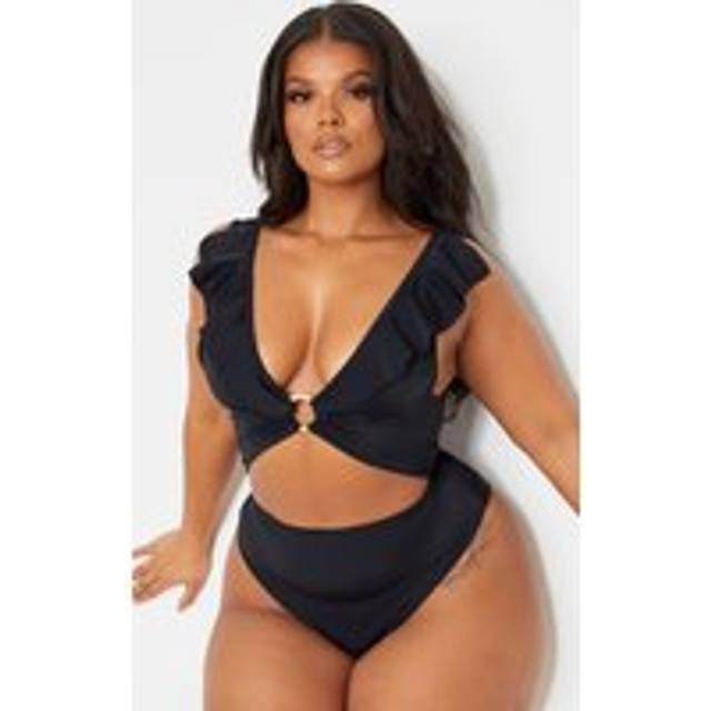 Plus Black Frill Edge Ring Detail Swimsuit, Black - 30