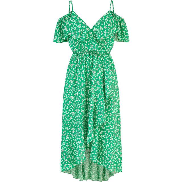 Mela Green Ditsy Print Bardot Midi Dress With Dip Hem - Size 10 UK - Mela