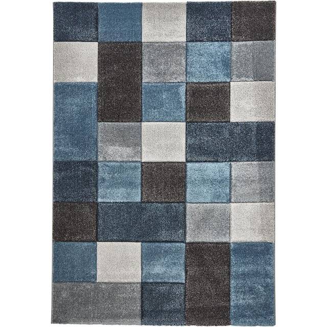 (160x220cm) Brooklyn 646 Modern Rugs in Squares of Blue and Grey Thick Soft Mats