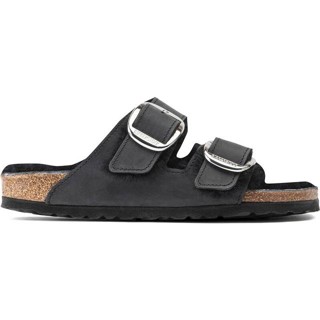 Birkenstock Arizona Big Buckle Shearling Oiled Leather Unisex Slide Sandals - Black - UK 5.5