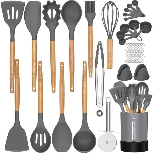 Silicone Cooking Utensil Set  35 Pcs Kitchen Utensils by Fungun  Non-stick Heat Resistant Kitchen Gadgets Cookware with Natural Wooden Handle -(Gray)