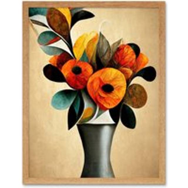 Wall Art Print Abstract Autumn Field Flower Bouquet Silver Vase Orange Art Framed - Light Oak - W12 inch x H16 inch
