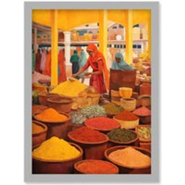 Wall Art Print The Spice Market Asian Herbs and Spices Colourful Kitchen Artwork Framed A4 - Grey - A4