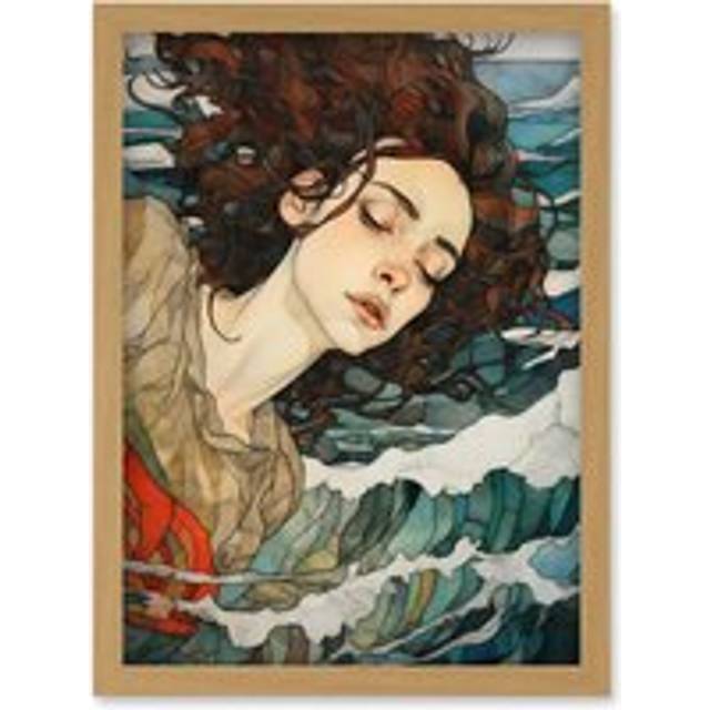 Wall Art Print Dreaming of the Sea Woman Sleeping Egon Schiele Style Watercolour Painting Red Brown Blue Carried by Waves Artwork Framed A4 - Tan - A4