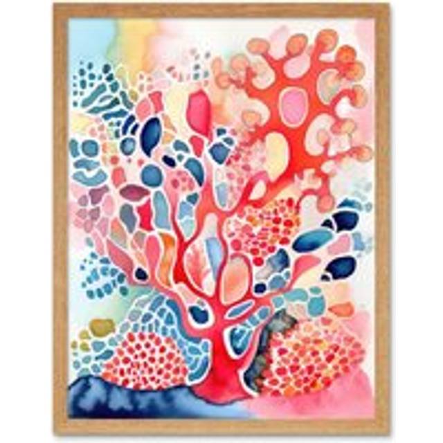Wall Art Print Pink And Blue Coral Folk Art Watercolour Painting Art Framed - Tan - W12 inch x H16 inch