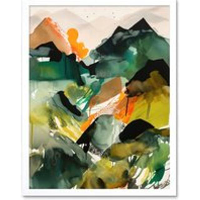 Wall Art Print Mountain Range Slopes Abstract Brushstroke Landscape Modern Watercolour Painting Art Framed - White - W12 inch x H16 inch