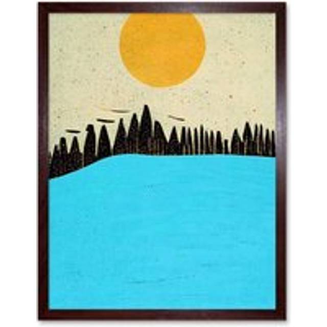Wall Art Print Modern Boho Abstract Sea And Cliffs Large Yellow Summer Sun Art Framed - Brown - W12 inch x H16 inch