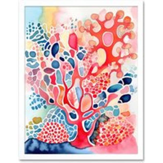 Wall Art Print Pink And Blue Coral Folk Art Watercolour Painting Art Framed - White - W12 inch x H16 inch