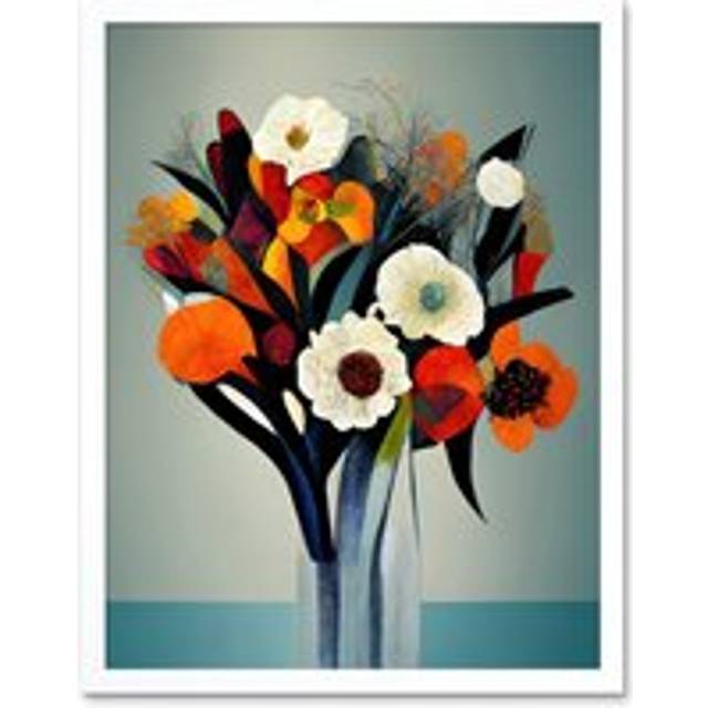 Wall Art Print Modern Abstract Winter Flower Floral Bouquet Orange Yellow Blue White Acrylic Paint Art Framed - W12 inch x H16 inch