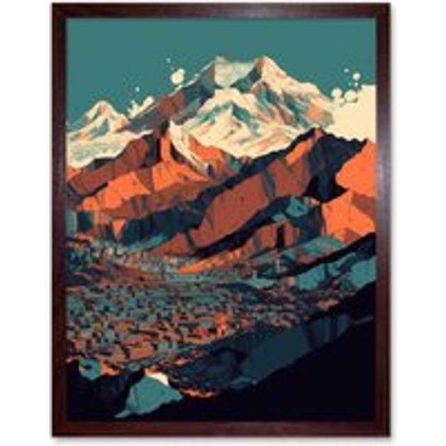 Wall Art Print Modern City Surrounded by Tall Mountains Landscape Art Framed - Brown - W12 inch x H16 inch