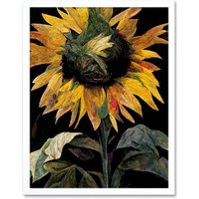 Wall Art Print Single Sunflower Yellow Black Green Floral Art Framed - White - W12 inch x H16 inch