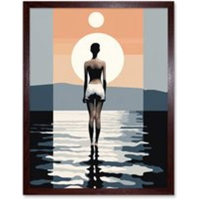 Wall Art Print The Sea is Calling Modern Abstract Minimalist Artwork Sun and Moon Art Framed - Brown - W12 inch x H16 inch