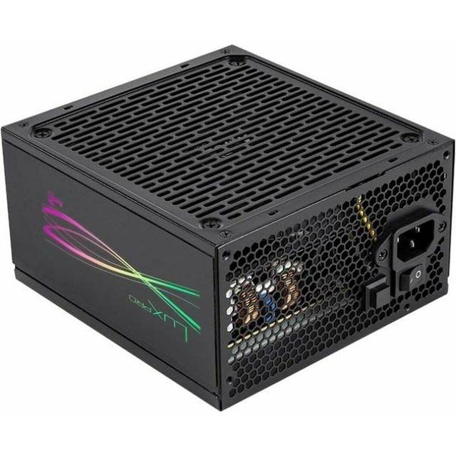 Aerocool LUXPRORGB650M, halvmodulär RGB 650 W strömförsörjning, 80 Plus brons + 88%, japanska kondensatorer, 14 cm FDB-fläkt med APFC-teknik, ARGB-kompatibel, 5 års garanti, svart