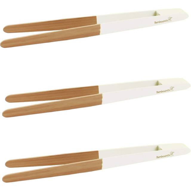 BambooMN Premium 7.9 Reusable Bamboo Kitchen A Toast Tongs For Cooking & Holding - White - 3 Pieces