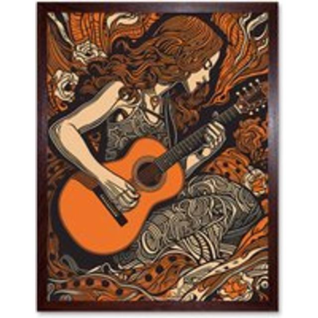 Wall Art Print Woman Playing Guitar Music in Rose Flower Field Art Framed - Brown - W12 inch x H16 inch