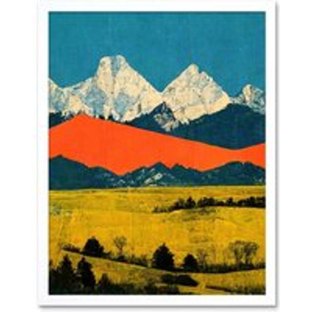 Wall Art Print Winter Mountains Landscape Modern Papercut Blue Orange Mustard Art Framed - White - W12 inch x H16 inch