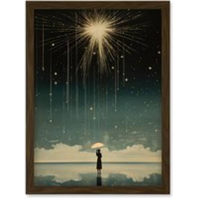 Wall Art Print Falling Star Rain Dreamy Artwork Bright Star Wish Woman with Umbrella Fairytale Dreamscape Artwork Framed A4 - Brown - A4