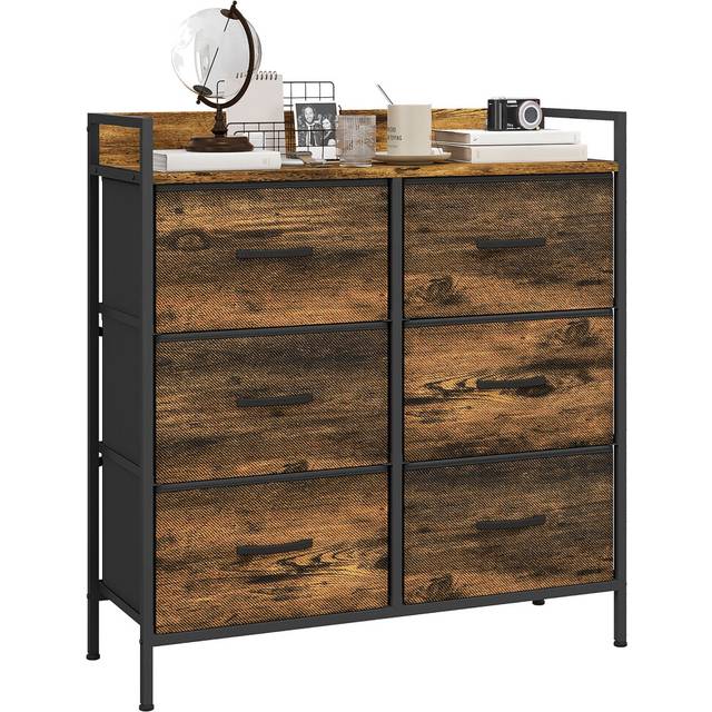 Bedroom Chest of Drawers, Drawer Dresser Storage Organiser Unit with Foldable Drawers, Open Shelves and Steel Frame for Living Room, Entryway, Grey Wo - Brown