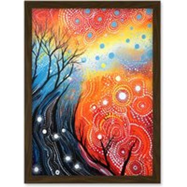 Wall Art Print Contemporary Aboriginal Artwork in Blue and Orange Vibrant Abstract Forest Trees and Stars Artwork Framed A4 - Brown - A4