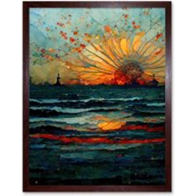 Wall Art Print Seascape Sunset Port City Waves Horizon Art Framed - Brown - W12 inch x H16 inch