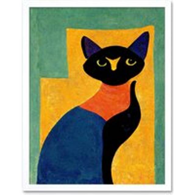 Wall Art Print Modern Abstract Minimalist Cat Art Framed - White - W12 inch x H16 inch