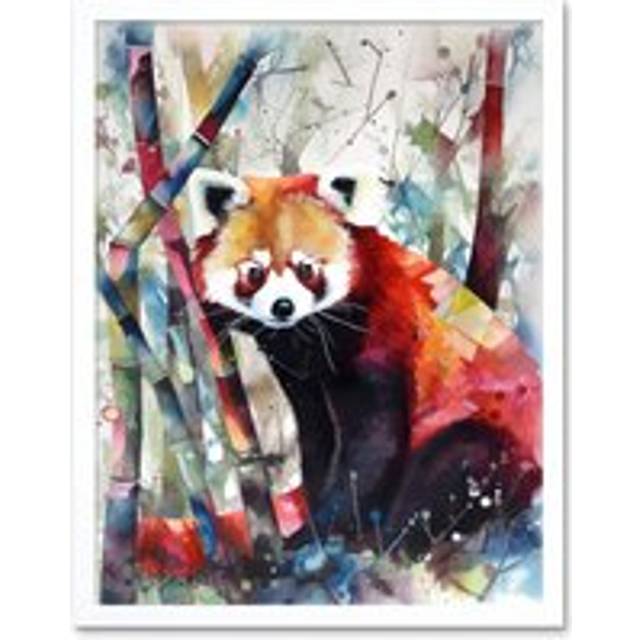Wall Art Print Red Panda In Bamboo Forest Folk Art Framed - White - W12 inch x H16 inch