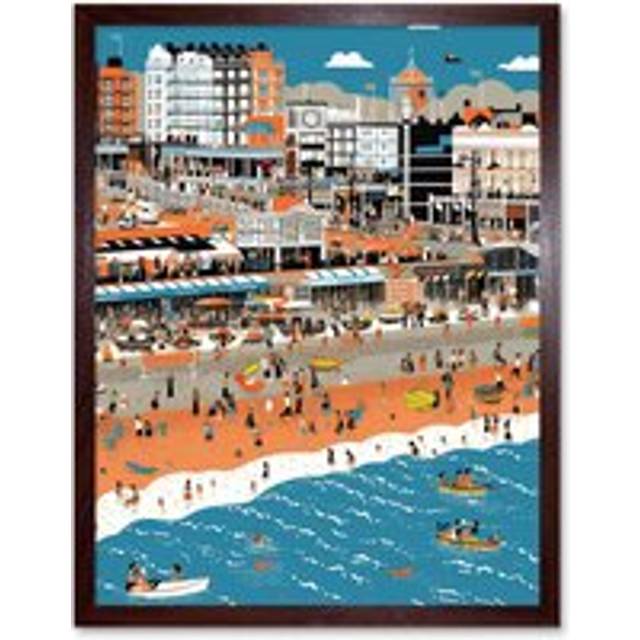 Wall Art Print Brighton Beach and Palace Pier Modern Abstract Art Framed - Brown - W12 inch x H16 inch