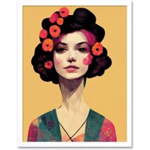 Wall Art Print Elegant Vintage Boho Portrait Floral Hair Woman Art Framed - White - W12 inch x H16 inch