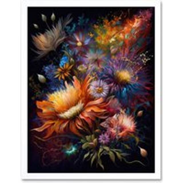 Wall Art Print Wildflower Bouquet Pink Blue Orange Floral Art Framed - White - W12 inch x H16 inch