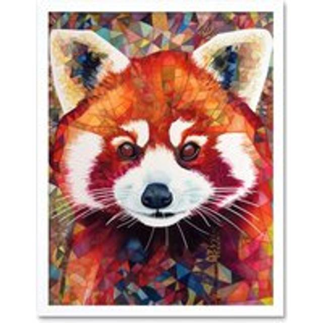 Wall Art Print Red Panda Portrait Multicoloured Folk Art Framed - White - W12 inch x H16 inch