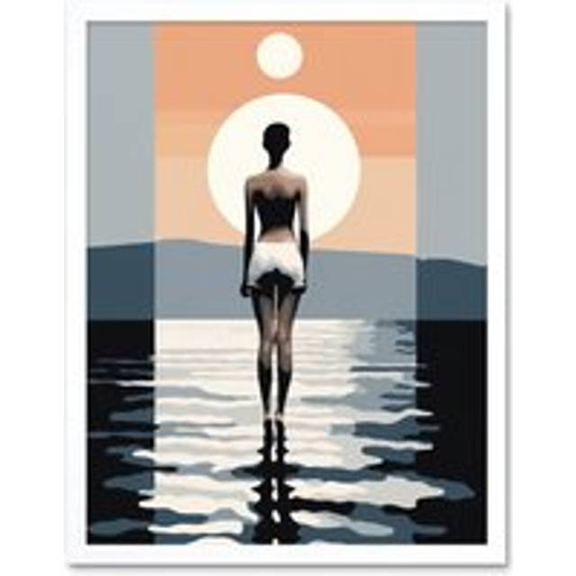 Wall Art Print The Sea is Calling Modern Abstract Minimalist Artwork Sun and Moon Art Framed - White - W12 inch x H16 inch