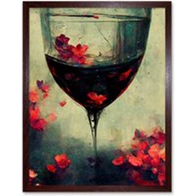 Wall Art Print Red Wine Glass And Pink Flowers Watercolour Art Framed - Brown - W12 inch x H16 inch