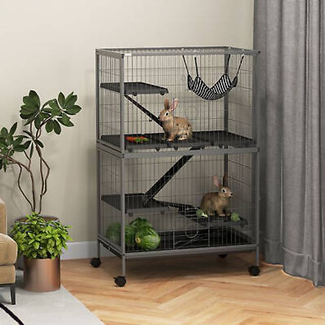 PawHut Small Animal Cage for Chinchilla Ferret Kitten on Wheels with Hammock Removable Tray, Silver Grey