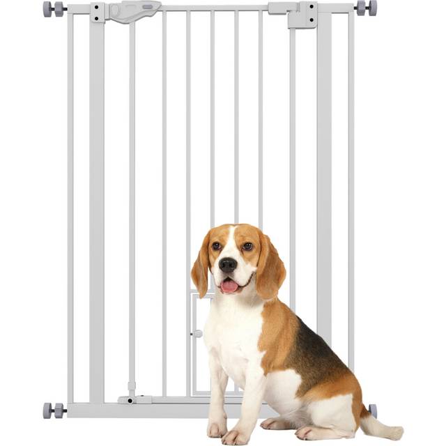PawHut Extra Tall Dog Gate with Cat Door Auto Close for Stairs 74-80 cm Wide | TJ Hughes
