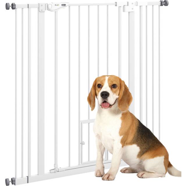 PawHut Extra Tall Dog Gate with Cat Door Auto Close for Stairs 74-101 cm Wide | TJ Hughes White