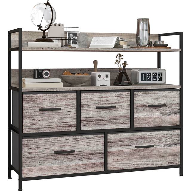 HOMCOM Bedroom Chest of Drawers 5 Drawer Dresser w/ Shelves - Grey Wood Effect | TJ Hughes
