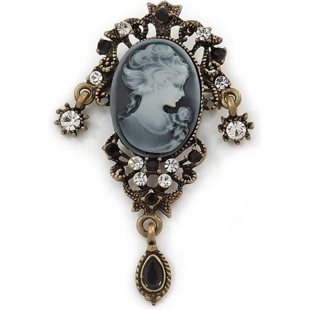 Avalaya Vintage Inspired Classic Cameo with Charms Brooch in Bronze Tone - 60mm Across - Red
